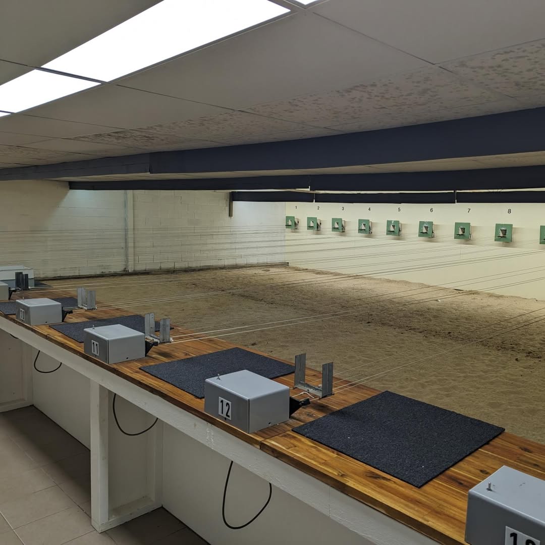 Numbered benches and targets in the club’s indoor range